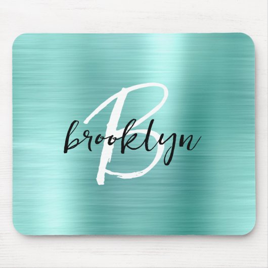 Aqua Brushed Metal Black White Script Monogram Mousepad (Vorne)