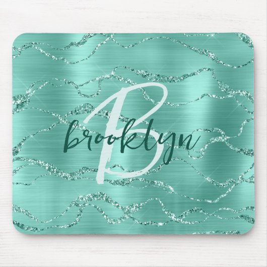 Aqua Brushed Metal Glitter Script Monogram  Mousepad (Vorne)