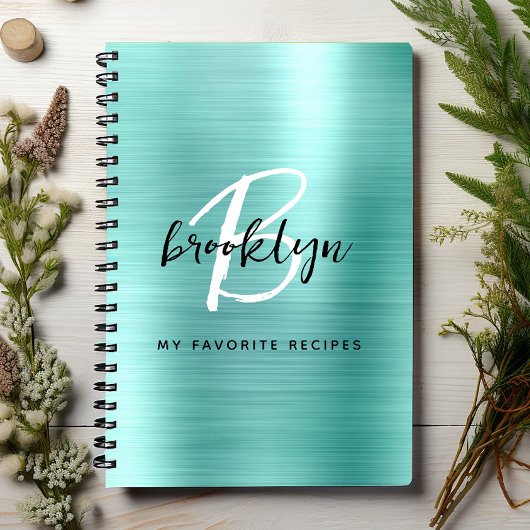 Aqua Brushed Metal Monogram Recipe Book Notizblock
