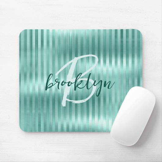 Aqua Brushed Metal Stripes Script Monogram  Mousepad (Mit Mouse)