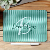 Aqua Brushed Metal Stripes Script Monogram  Mousepad