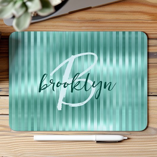 Aqua Brushed Metal Stripes Script Monogram  Mousepad
