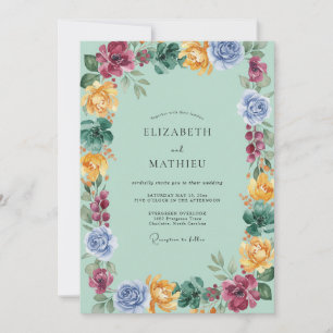 Aqua Burgunder Wildblumen-Hochzeit Einladung