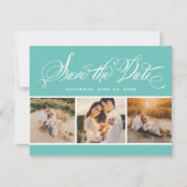 Aqua Calligraphy Script Wedding Foto Collage Save The Date (Vorderseite)