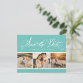 Aqua Calligraphy Script Wedding Foto Collage Save The Date (Stehend Vorderseite)