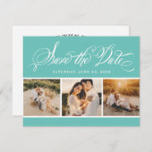 Aqua Calligraphy Script Wedding Foto Collage Save The Date (Vorne/Hinten)