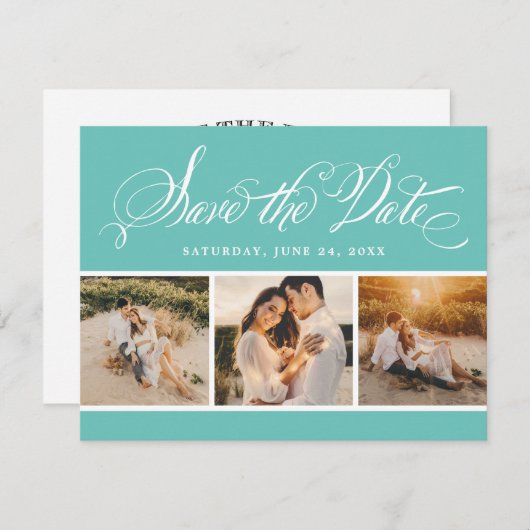 Aqua Calligraphy Script Wedding Foto Collage Save The Date (Vorne/Hinten)