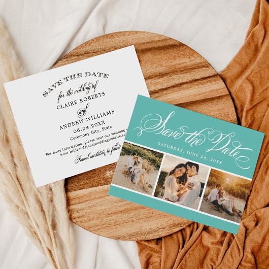 Aqua Calligraphy Script Wedding Foto Collage Save The Date