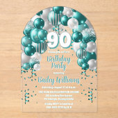 Aqua Celebration Balloons 90. Geburtstagsparty Acryleinladungen (Vorderseite)