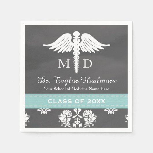 Aqua Chalkboard Caduceus Medizin School Abschluss Serviette (Vorderseite)