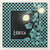 Aqua Checkerboard Floral Personalisiert Glasuntersetzer (Vorderseite)
