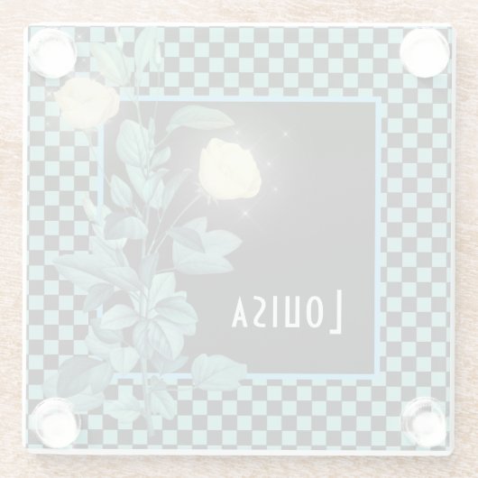 Aqua Checkerboard Floral Personalisiert Glasuntersetzer (Rückseite)