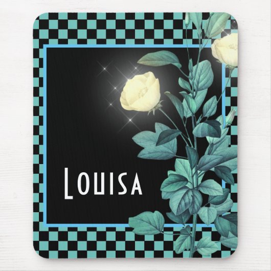 Aqua Checkerboard Floral Personalisiert Mousepad (Vorne)
