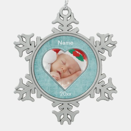 Aqua Chenille Heart Shape Foto Frame Template Schneeflocken Zinn-Ornament (Vorderseite)