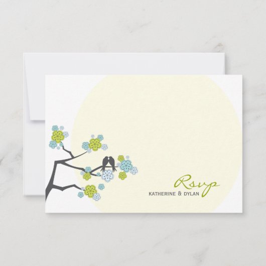 Aqua Cherry Blossoms Love Birds Wedding RSVP Card (Rückseite)