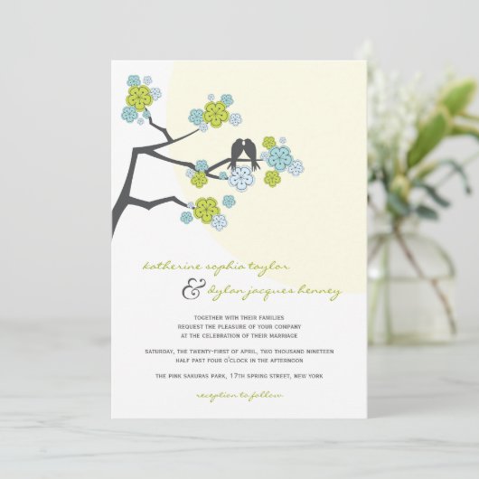 Aqua Cherry Blossoms Love Birds Wedite Einladung (Stehend Vorderseite)