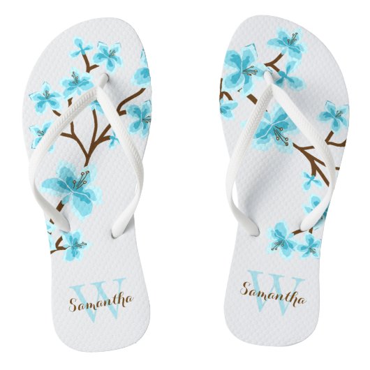 Aqua Cherry Blossoms Mit Monogramm Badesandalen (Fußbett)