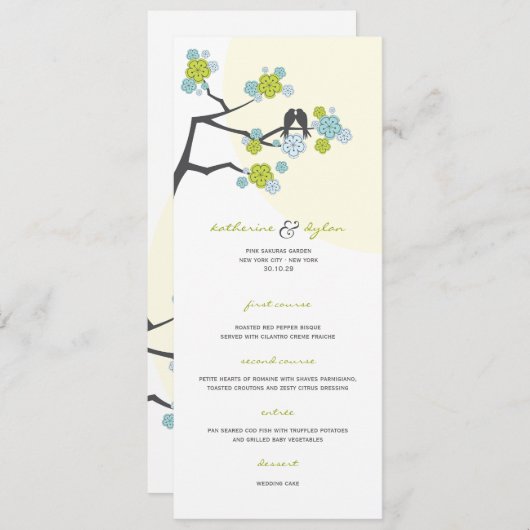 Aqua Cherry Blossoms Sakura Love Birds Wedding Menükarte (Vorne/Hinten)