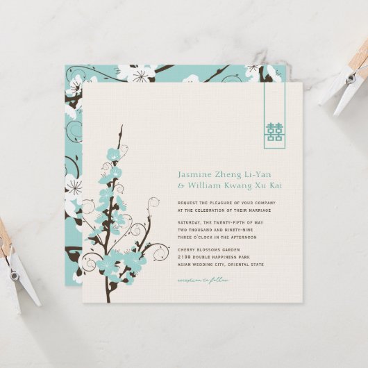 Aqua Cherry Blüten Sakura Wirbel Asiatische Hochze Einladung (Vorderseite/Rückseite Beispiel)