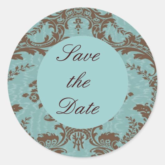 Aqua Chocolate Damask Save the Date Runder Aufkleber (Vorderseite)