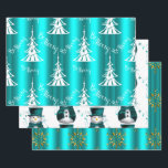 Aqua Christmas Wrapping Paper Sheets Geschenkpapier Set<br><div class="desc">Ein modernes, sehr luxuriöses Aqua-Weihnachtspapier-Set mit 3 sehr unterschiedlichen (farblich koordinierten) Mustern für Ihre Weihnachtsgeschenke. Das Set besteht aus einer weiße Weihnachtsbäume in zeitgenössischem Weiß, die auf einem glänzenden, metallisch anmutenden Aquarell um die Bäume herum gegrillt werden. Ein niedliches Schneemodell aus kleinen Schneemännern, die allesamt mit türkisfarbenen Samthüten und -westen...</div>