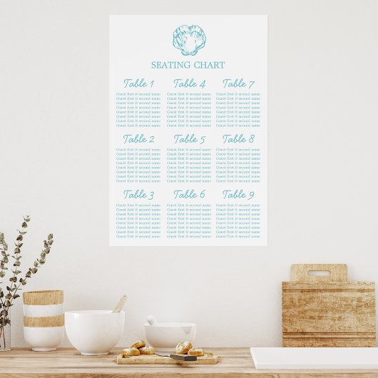 Aqua Clam Muschel Hochzeitstisch Planner 1-9 Poster (Küche)