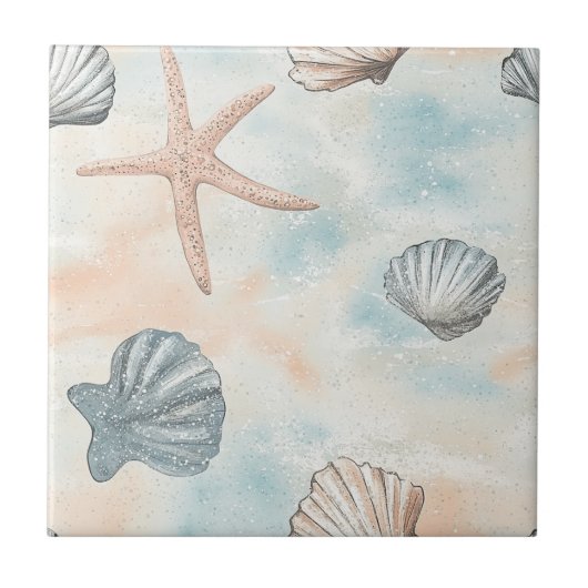 Aqua Coastal Seashells & Sparkle Starfish (1) Fliese (Vorderseite)