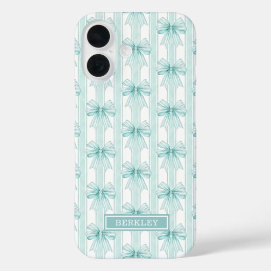 Aqua Coquette Bögen auf gestreiftem monogrammierte Case-Mate iPhone Hülle (Rückseite)