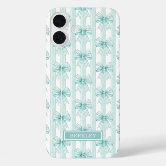 Aqua Coquette Bögen auf gestreiftem monogrammierte Case-Mate iPhone Hülle (Rückseite)