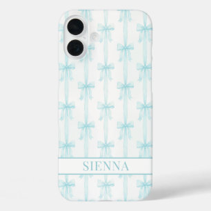 Aqua Coquette Schleifen gestreifte Monogramm iPhone 16 Plus Hülle