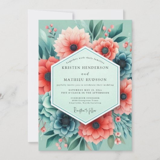 Aqua Coral Artistic Bloom Hochzeit Einladung (Vorderseite)