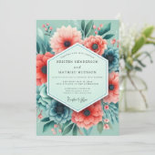 Aqua Coral Artistic Bloom Hochzeit Einladung (Stehend Vorderseite)