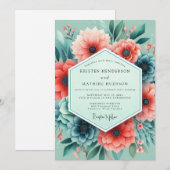 Aqua Coral Artistic Bloom Hochzeit Einladung (Vorne/Hinten)