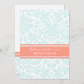 Aqua Coral Damask Probe Abendessen Party Einladung (Vorne/Hinten)