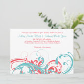 Aqua Coral Floral Hochzeit in Urlaubsort Einladung (Stehend Vorderseite)