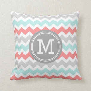 Aqua Coral Grau Zickzack Monogram Decorative Kisse Kissen