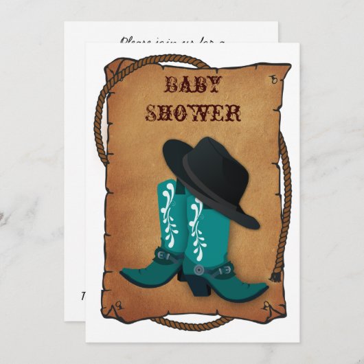 Aqua Cowboy Stiefel Western Mama Babydusche Einladung (Vorne/Hinten)