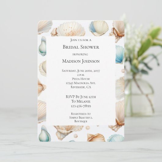Aqua Cream Beach Muscheln Brautparty Einladung (Stehend Vorderseite)