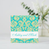 Aqua Cream Damask Hochzeitsempfang Einladung (Stehend Vorderseite)