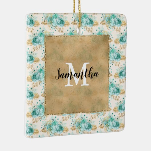 Aqua Cream Gold Floral Black Monogram Keramikornament (Rechts)