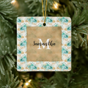 Aqua Cream Gold Floral Black Monogram       Keramikornament