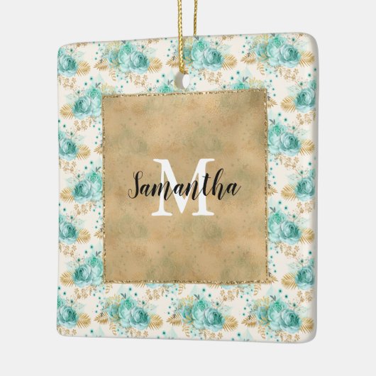 Aqua Cream Gold Floral Black Monogram Keramikornament (Links)
