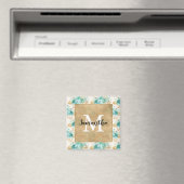 Aqua Cream Gold Floral Black Monogram Magnet (In Situ (Geschirrspüler))