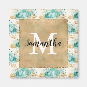 Aqua Cream Gold Floral Black Monogram Magnet