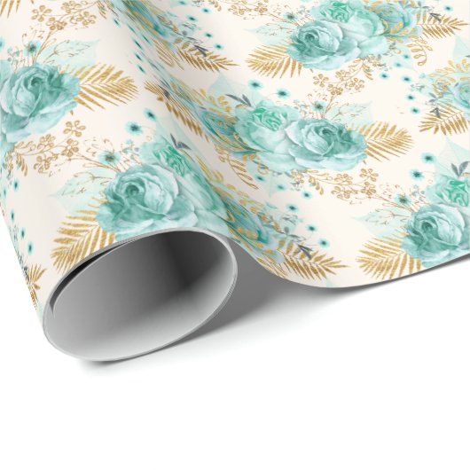 Aqua Cream Gold Floral Geschenkpapier (Rolleneckpunkt)