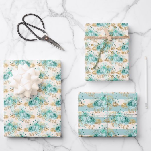 Aqua Cream Gold Floral Geschenkpapier Set (Vorderseite)