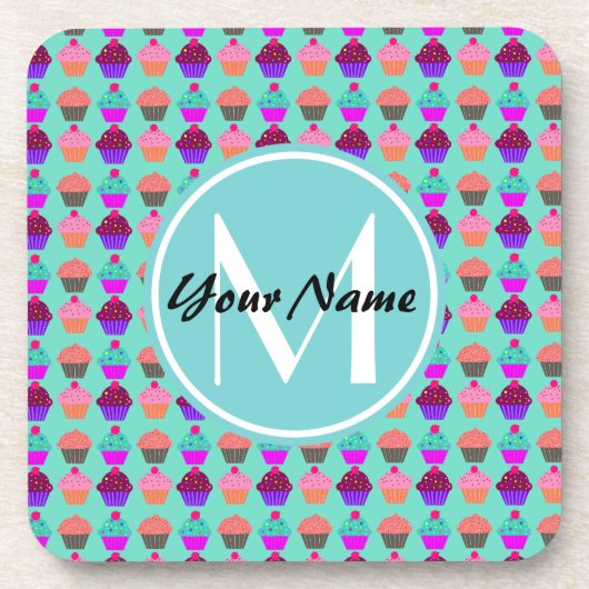 Aqua Cupcake Personalisiert Monogram Getränkeuntersetzer (Vorderseite)