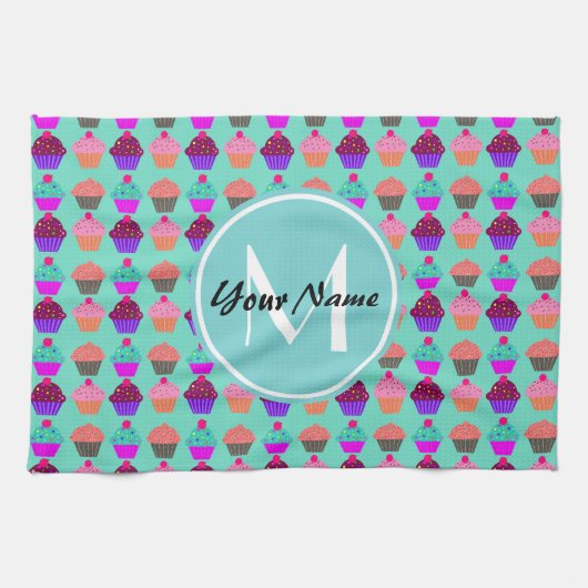 Aqua Cupcake Personalisiert Monogram Küchentuch (Horizontal)