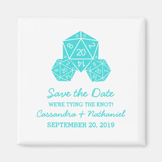 Aqua D20 Dice Save the Date Magnet (Vorne)