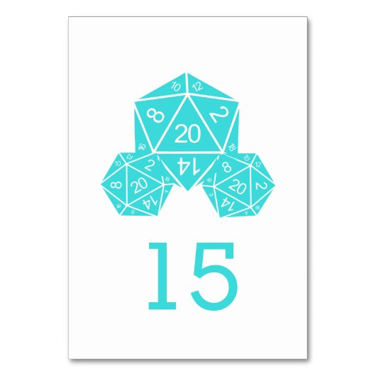 Aqua D20 Dice Wedding Table Card Tischnummer (Vorderseite)